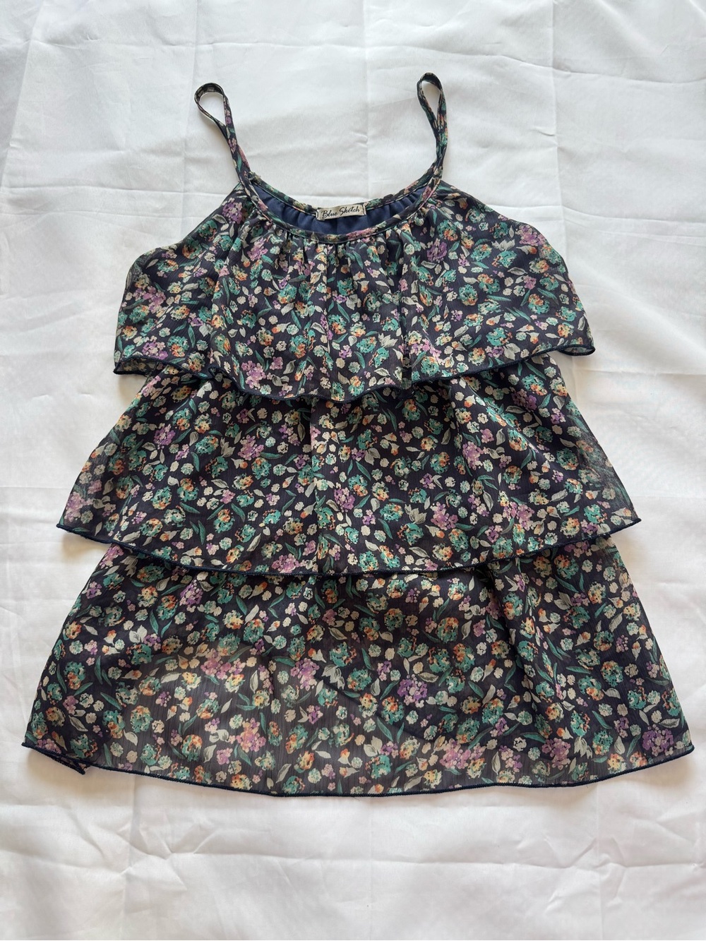 Tiered Floral Spaghetti-Strap Girls' Top - Black with Teal & Lilac Flowers